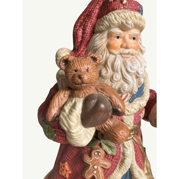 Porcelain Santa Claus Musical Figurine 11" Holding Bear & Lantern Vintage - Picture 12 of 13